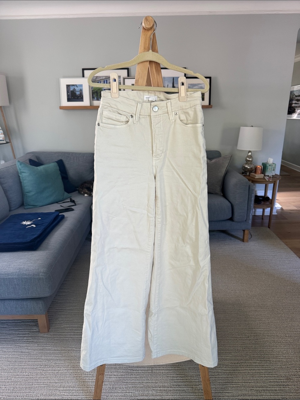 Good American Palazzo Wide-Leg High-Rise Jeans in Light Cream